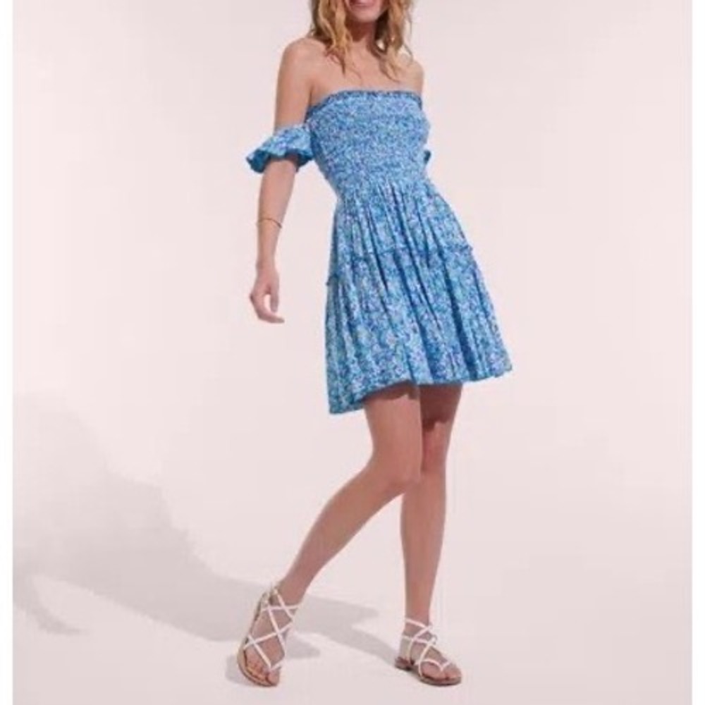 Poupette St Barth Aurora V Mini Dress Womens Large Blue Smocked Floral Resort